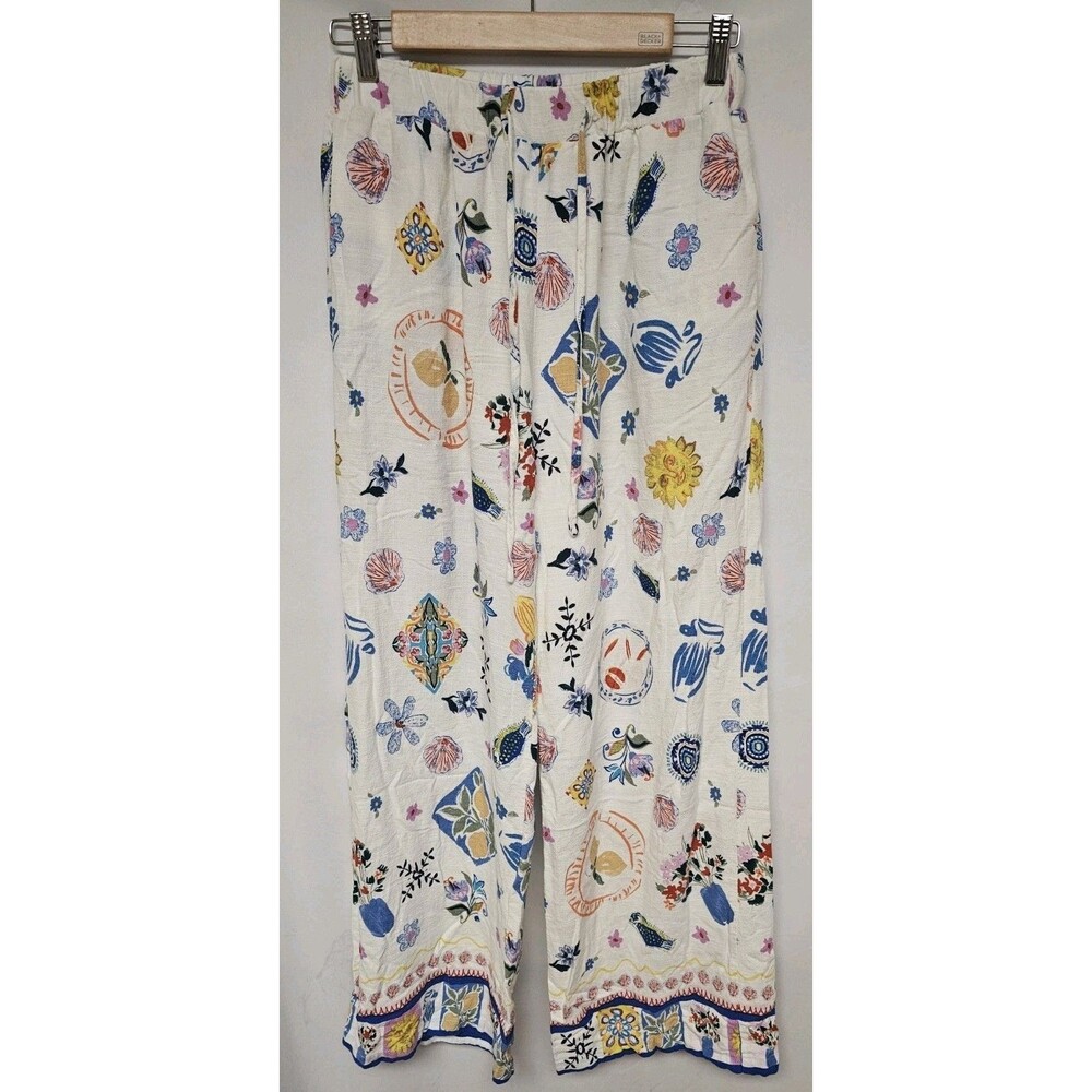 Petal and Pup Pants Size MEDIUM Floral Linen Blend Wide Leg Boho White Print
